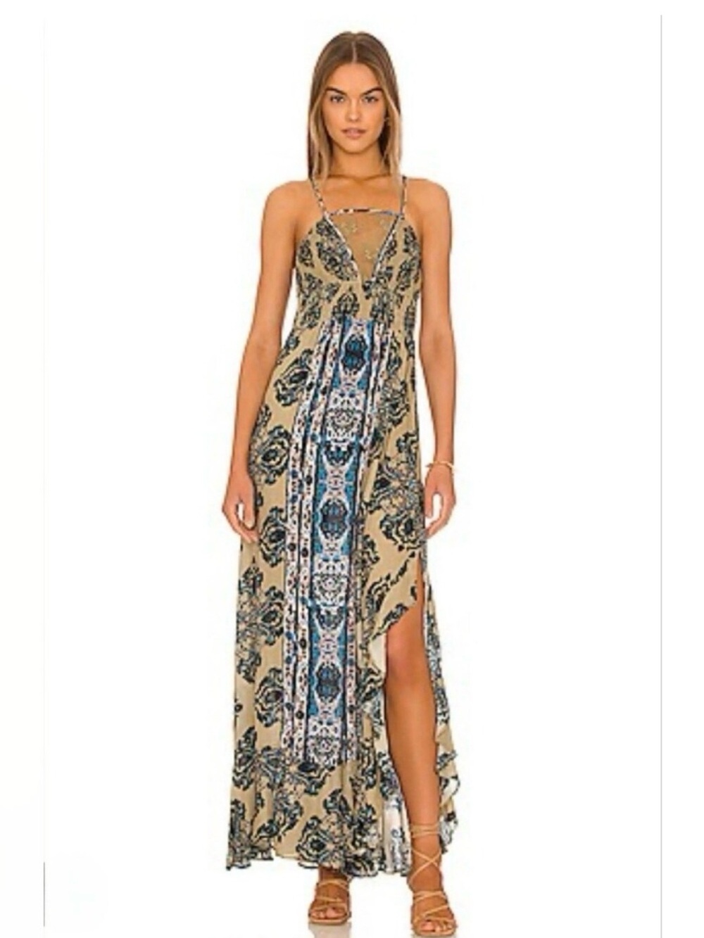Free People Beige Maxi Dress with Blue Paisley Print
